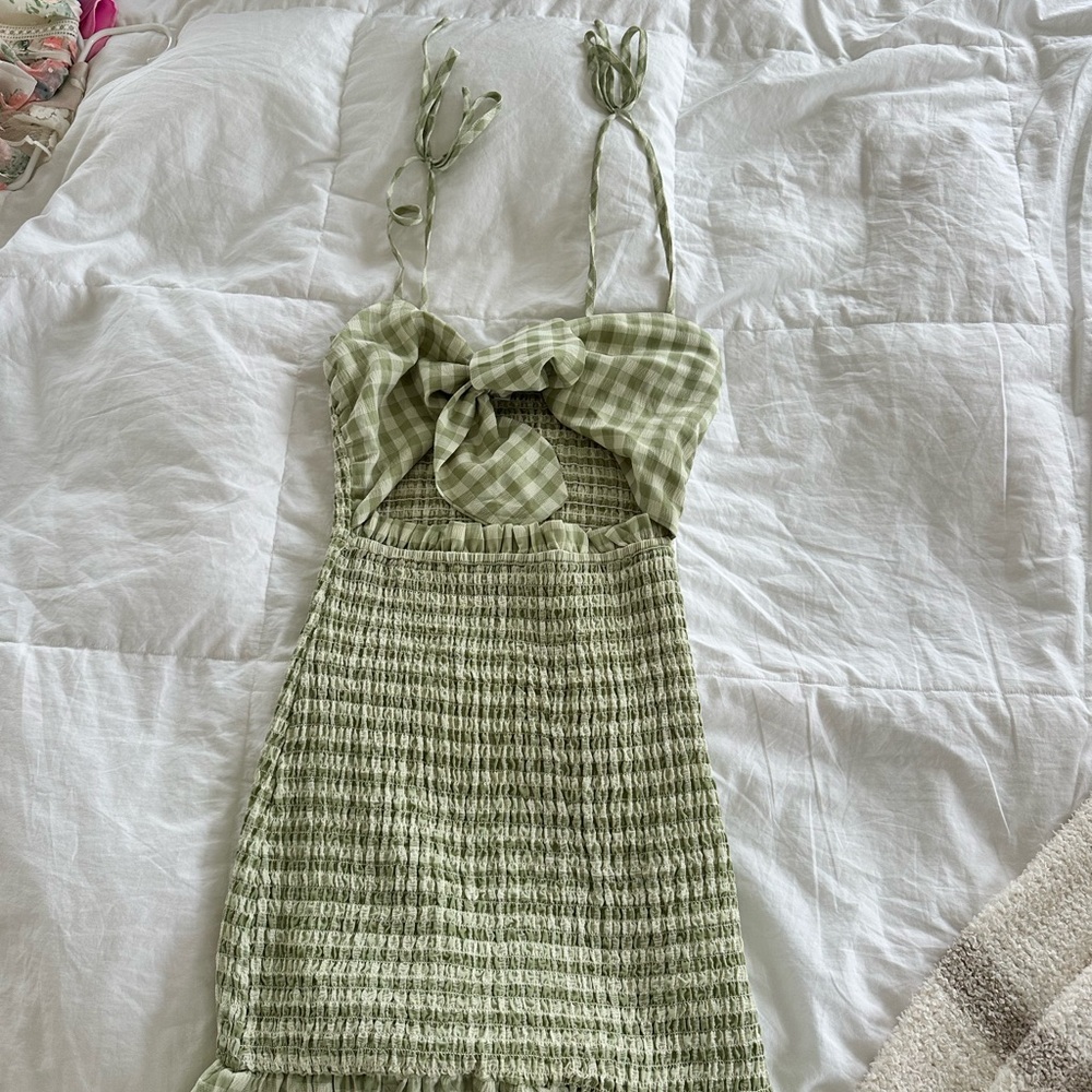 Green Gingham Tie-Front Dress
